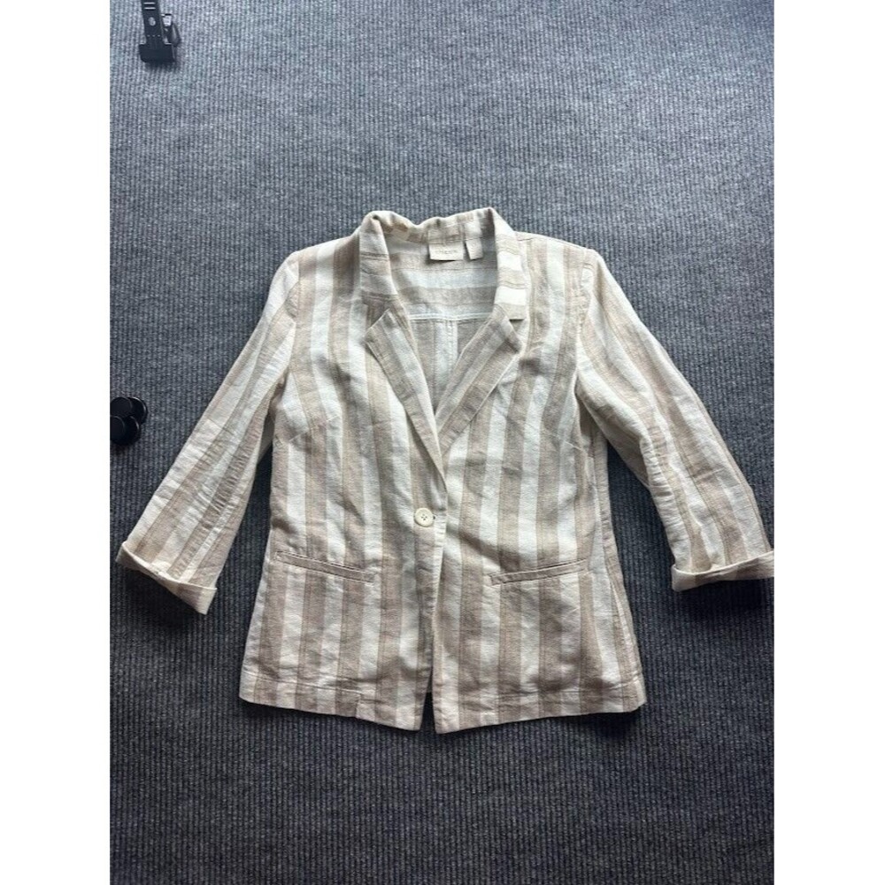 Beige & White Striped Linen Blend Blazer Women’s Lightweight  3/4 Sleeve Size 0